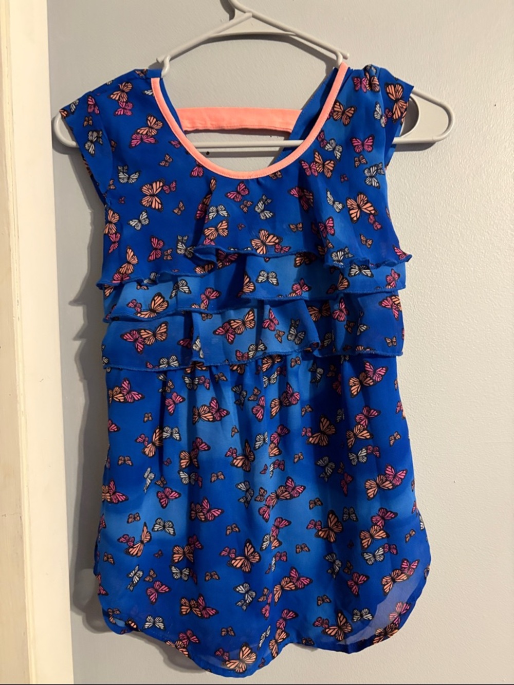 Weavers Royal Blue Butterfly Ruffle Tank with Pink Trim